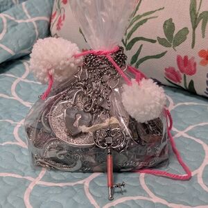 Silver Key and Chain Set with White Pom Poms